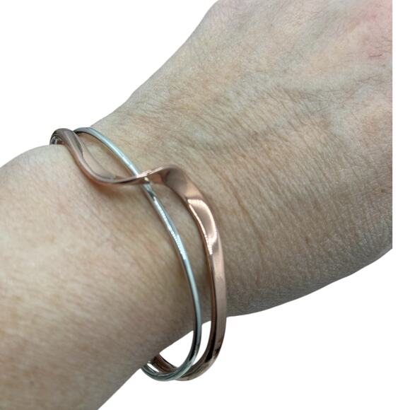 Copper 925 Sterling Silver Wave Cuff Bracelet Adjustable Size Artisan Handmade - Picture 7 of 8